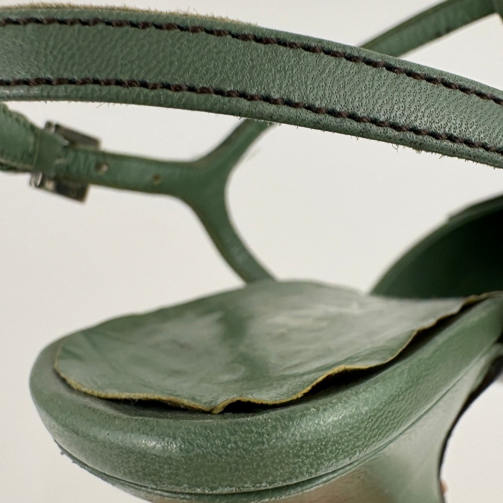 Vintage Prada Green Leather Rose T Strap Heels Size 36 Floral Knot Square Toe - Picture 13 of 14